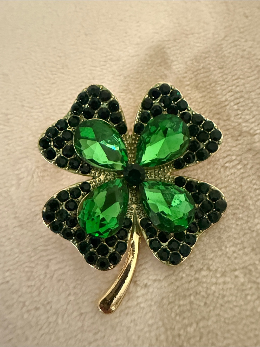 Gold-Tone Green Crystal Four-Leaf Clover Brooch